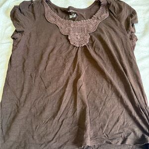 St. John's Bay Brown Short Sleeve Top with Crochet Yoke